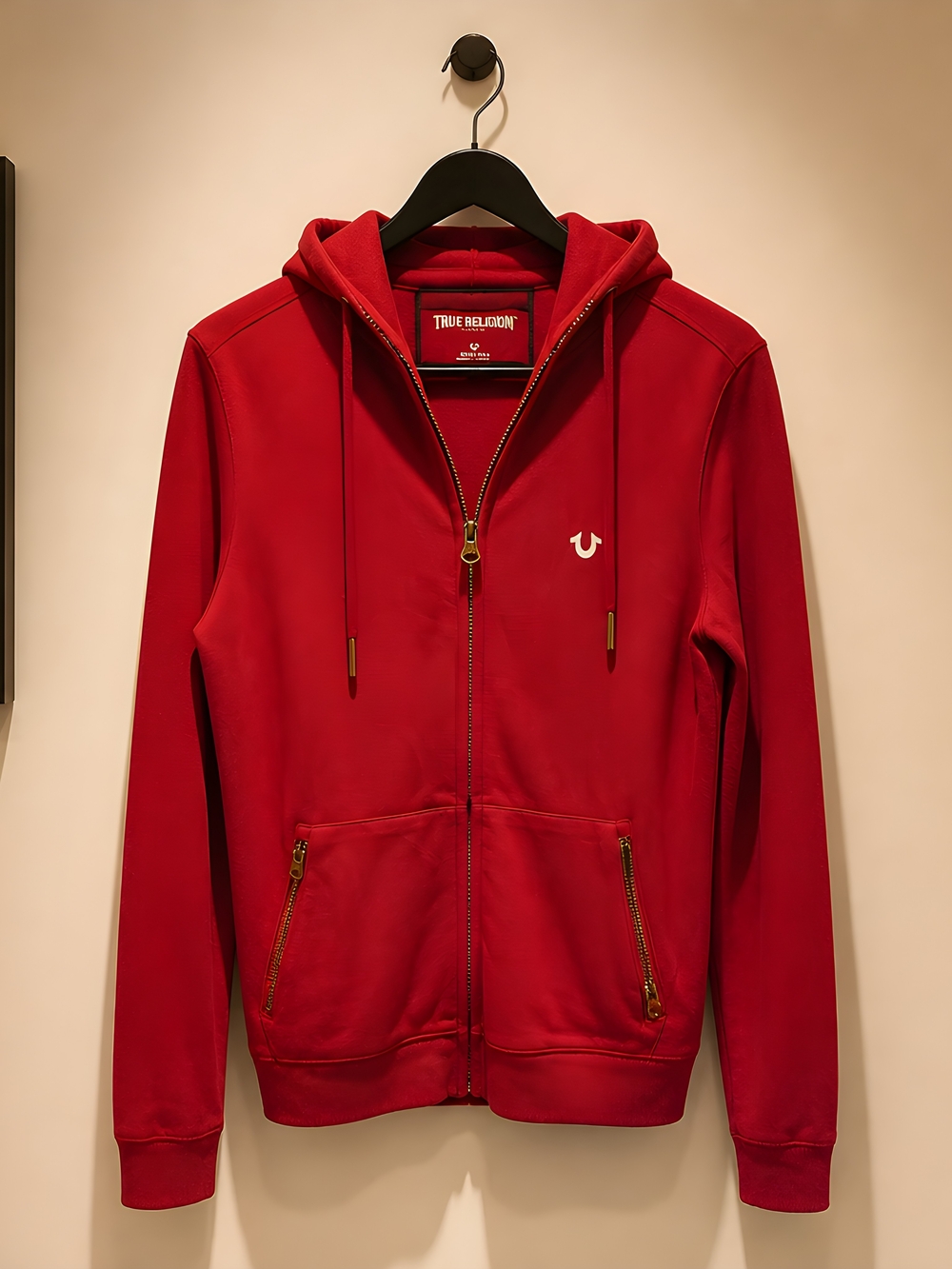 True Religion Red Zip-Up Hoodie with Horseshoe Logo